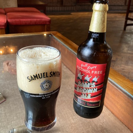 A glass of Sam's Brown Ale, a low alcoholic beer.