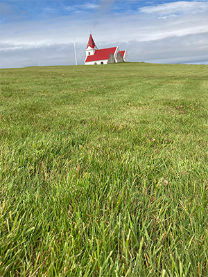 The church at Ingjaldsholl in the distance.