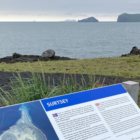 The island of Surtsey viewed from Heimaey in Iceland.