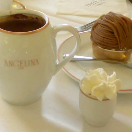 Hot chocolate and a Mont Blanc dessert at Maison Angelina, Paris.