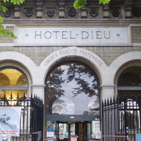 Entrance to Hotel Dieu, Ile de la Cite, Paris.