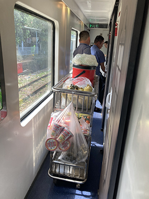 Food trolley on Reunification Express train, Vietnam.